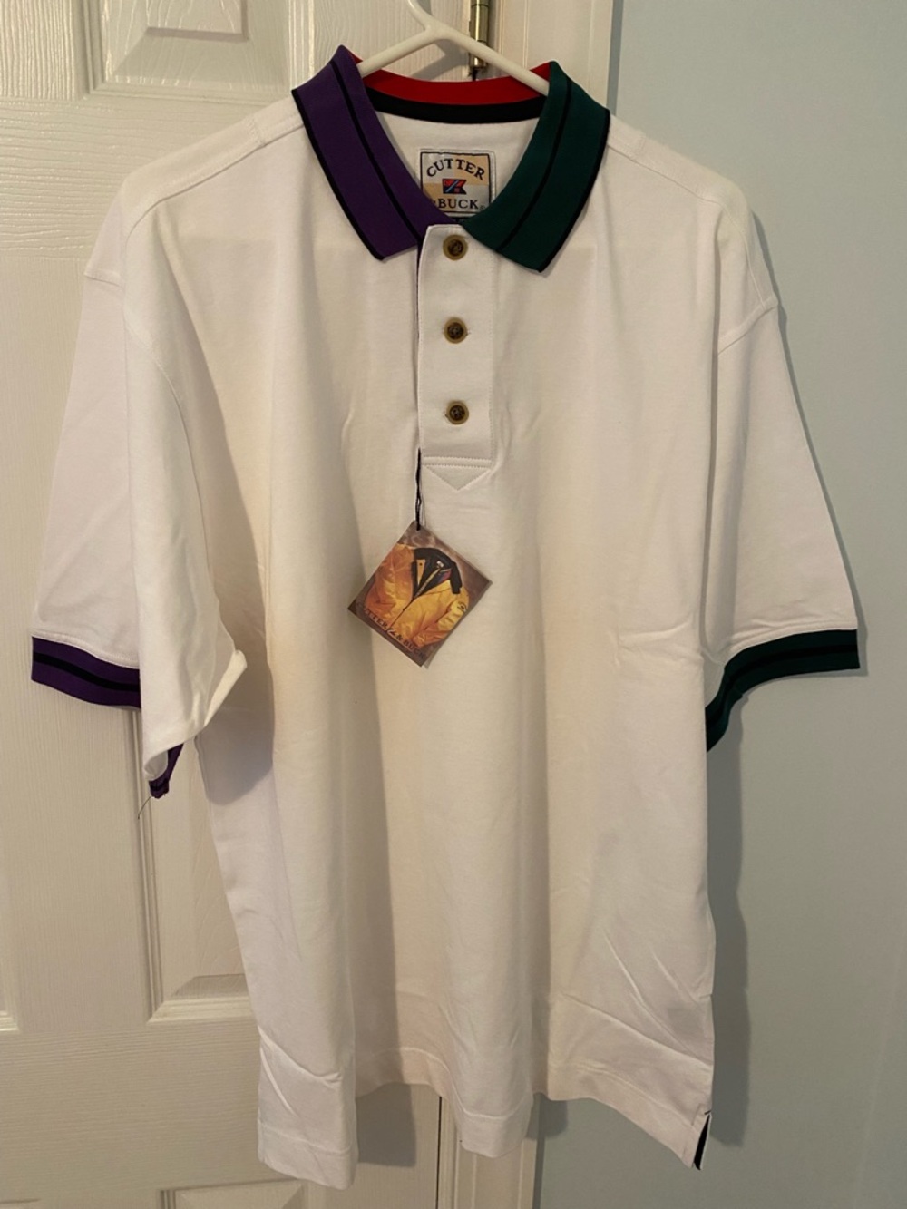 Cutter & Buck Vintage White Polo with Purple and Green Contrast Collar